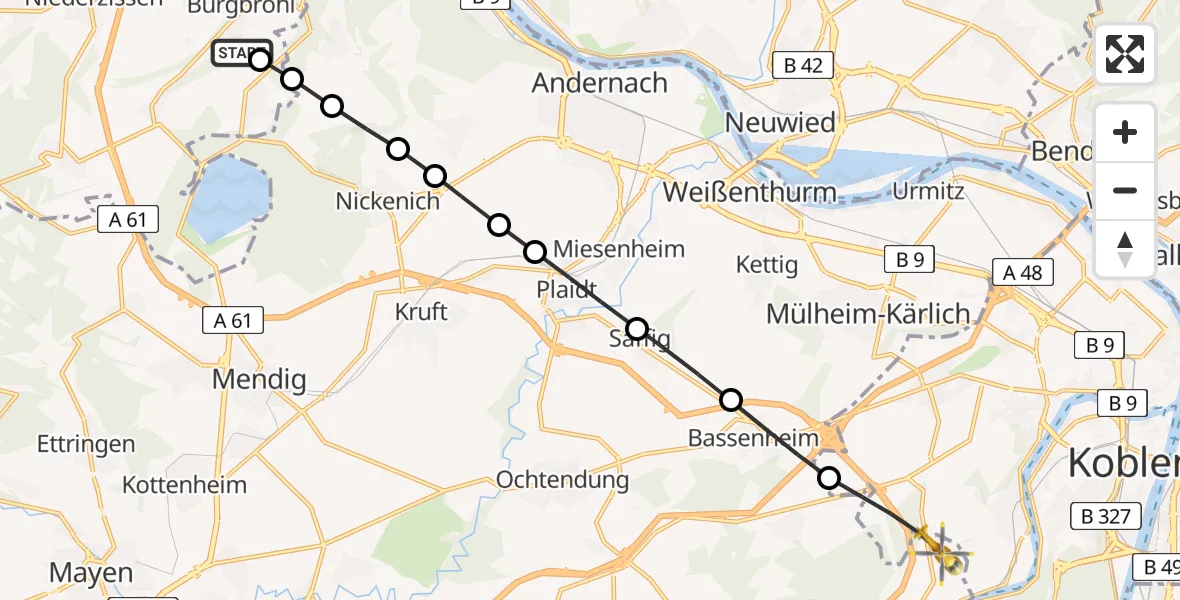 Flugroute Ambulanzhubschrauber Burgbrohl - Güls, 16 Februar 2026, 13:13