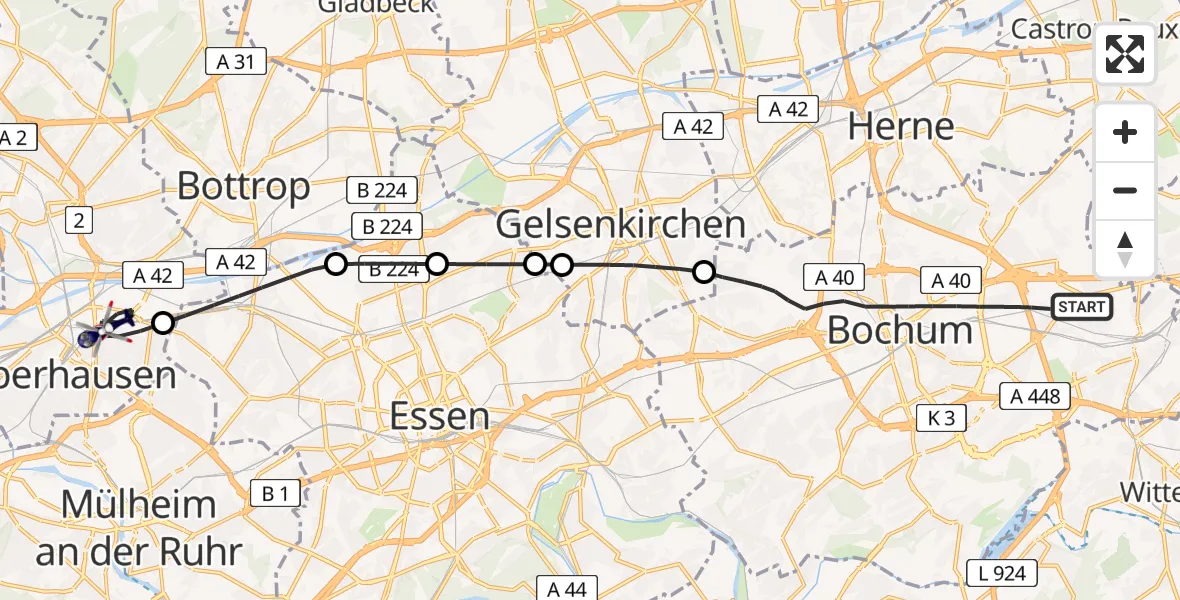 Flugroute Polizeihubschrauber Bochum - Alt-Oberhausen, 16 Februar 2026, 13:18