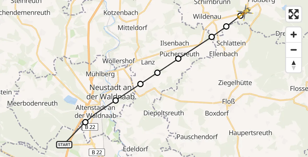 Flugroute Rettungshubschrauber Weiden in der Oberpfalz - Plößberg, 16 Februar 2026, 13:20