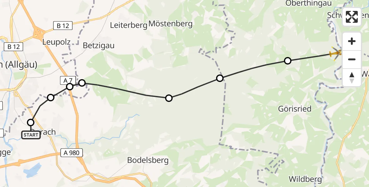 Flugroute Rettungshubschrauber Kempten-Durach Airfield - Unterthingau, 16 Februar 2026, 13:21