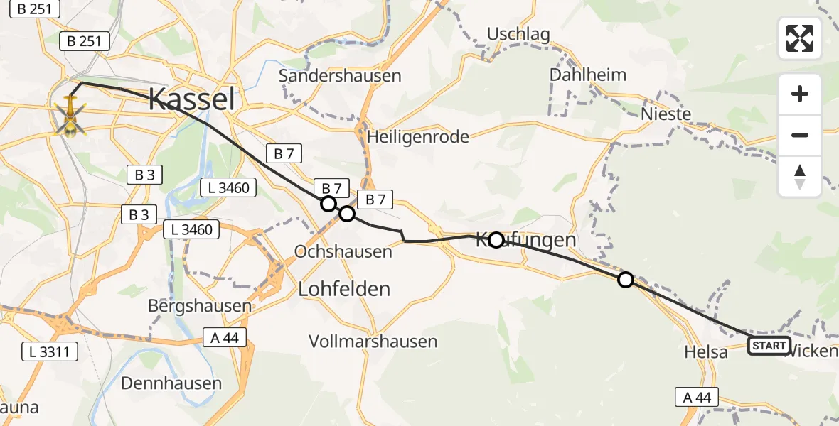 Flugroute Rettungshubschrauber Helsa - Kassel, 16 Februar 2026, 13:23