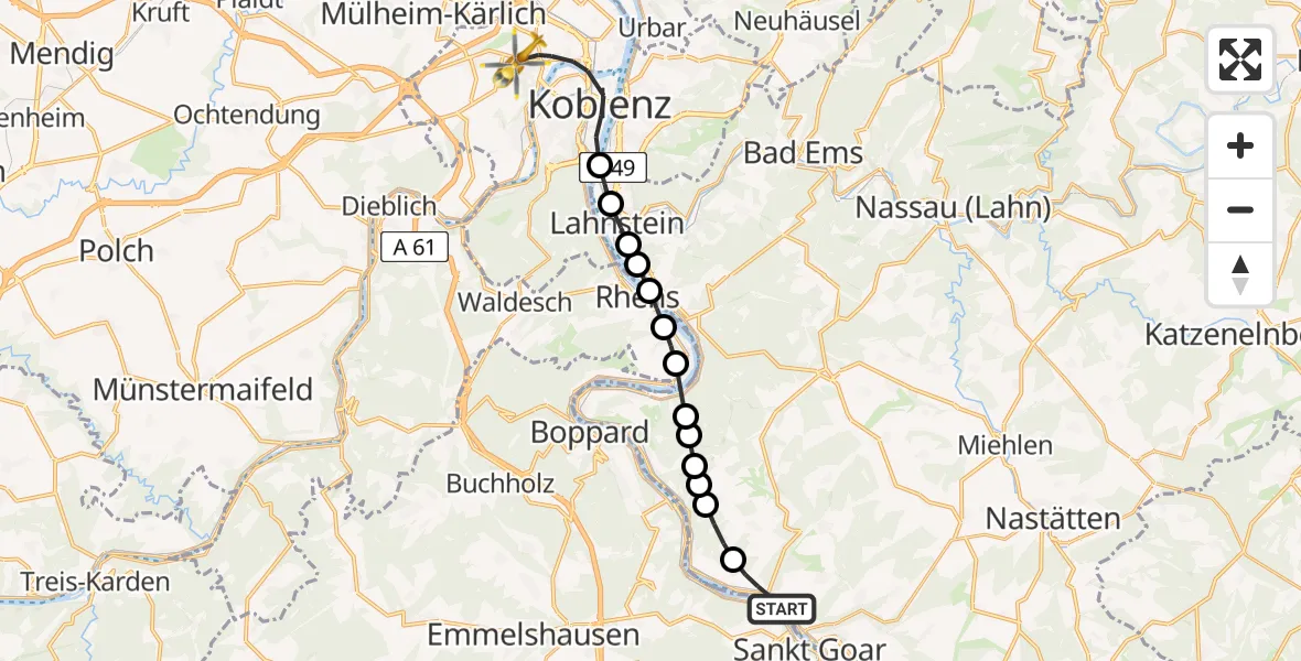 Flugroute Rettungshubschrauber Wellmich - Koblenz, 16 Februar 2026, 13:32