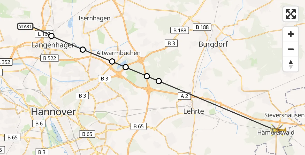 Flugroute Ambulanzhubschrauber Hannover Airport - Lehrte, 16 Februar 2026, 13:35
