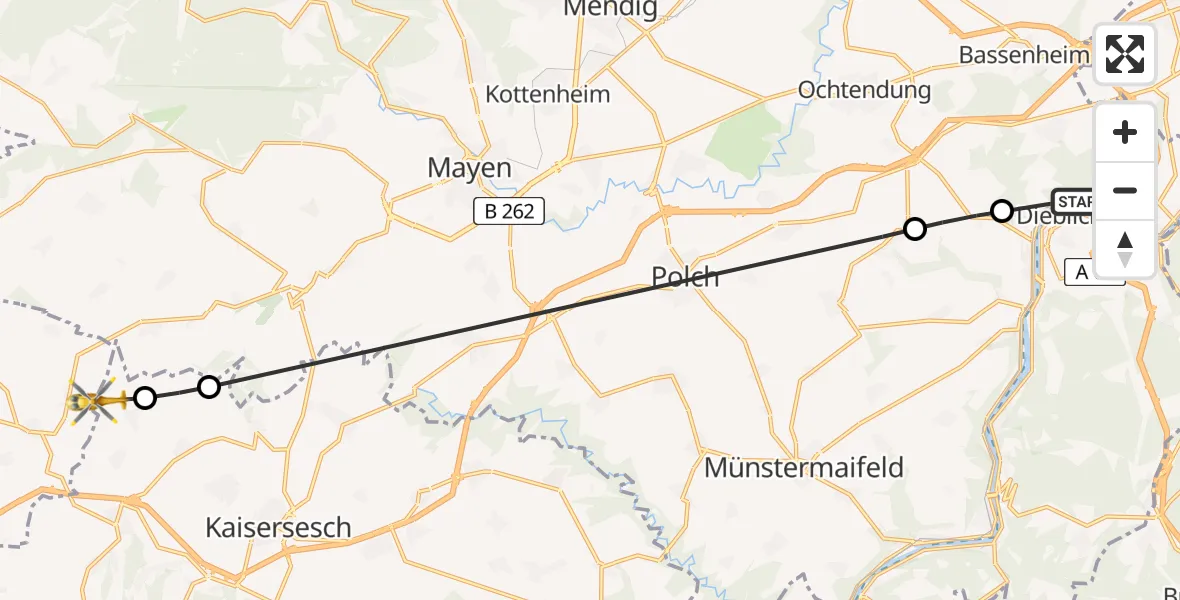 Flugroute Ambulanzhubschrauber Dieblich - Kalenborn, 16 Februar 2026, 13:36