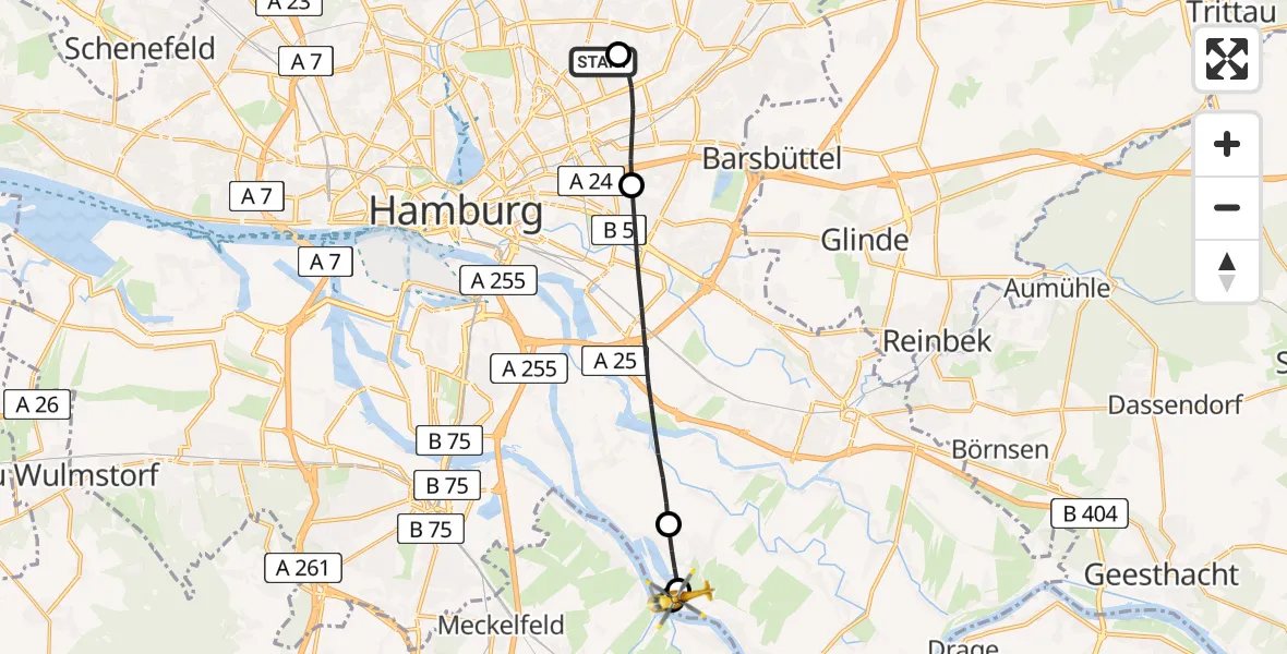 Flugroute Rettungshubschrauber Hamburg Military Hospital Helipad - Fünfhausen, 16 Februar 2026, 13:36