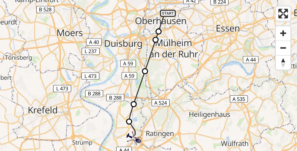 Flugroute Polizeihubschrauber Alt-Oberhausen - Düsseldorf Airport, 16 Februar 2026, 13:38