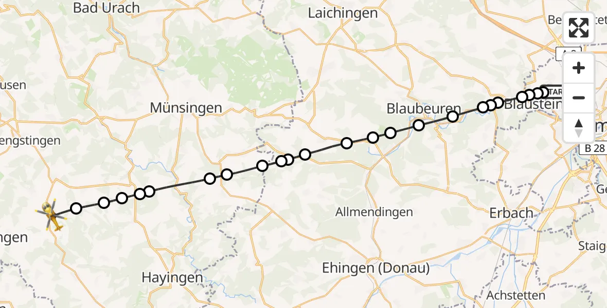 Flugroute Rettungshubschrauber ADAC Air Rescue Station Ulm (Christoph 22) - Oberstetten, 16 Februar 2026, 13:41