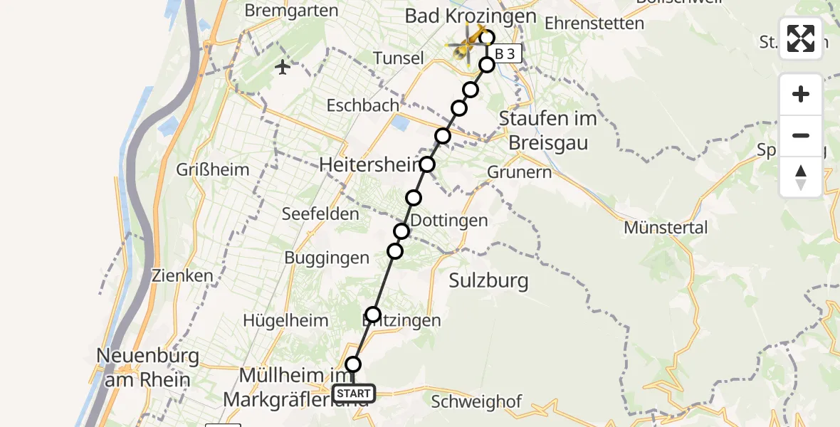 Flugroute Rettungshubschrauber Niederweiler - Bad Krozingen (Kernstadt), 16 Februar 2026, 13:45