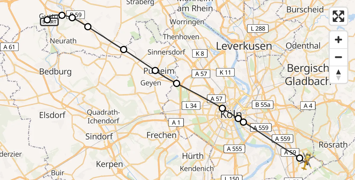 Flugroute Rettungshubschrauber Gindorf - Cologne Bonn Airport, 16 Februar 2026, 13:48