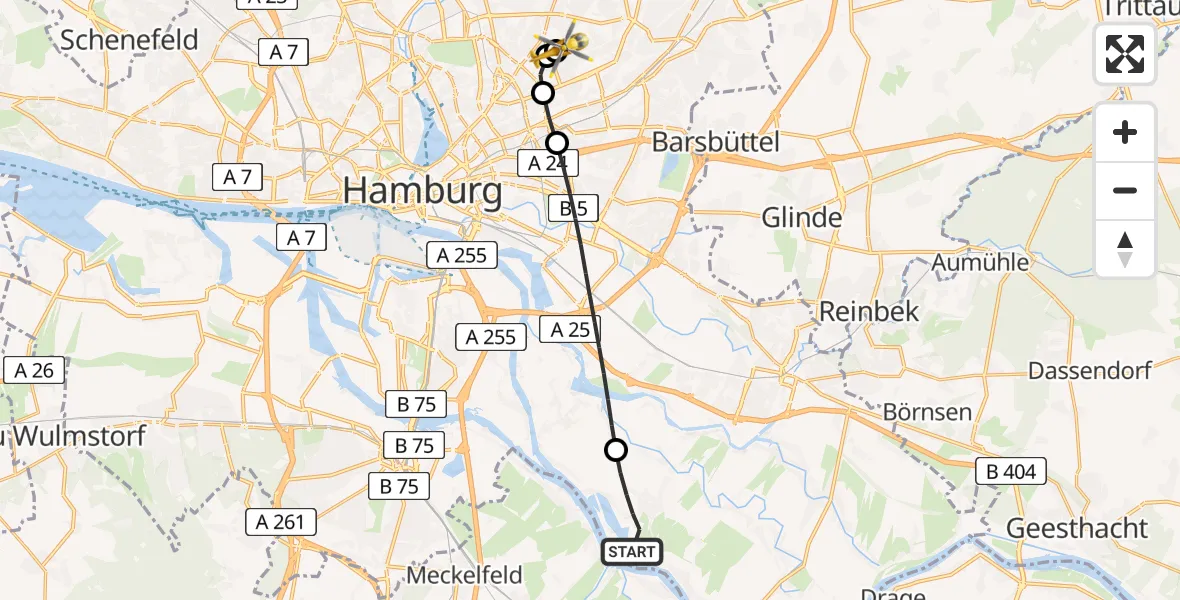 Flugroute Rettungshubschrauber Fünfhausen - Hamburg Military Hospital Helipad, 16 Februar 2026, 13:55
