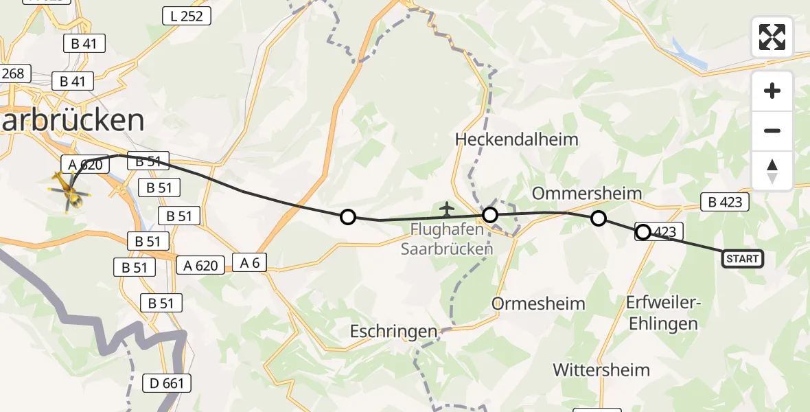 Flugroute Rettungshubschrauber Blieskastel - Saarbrücken, 16 Februar 2026, 13:56
