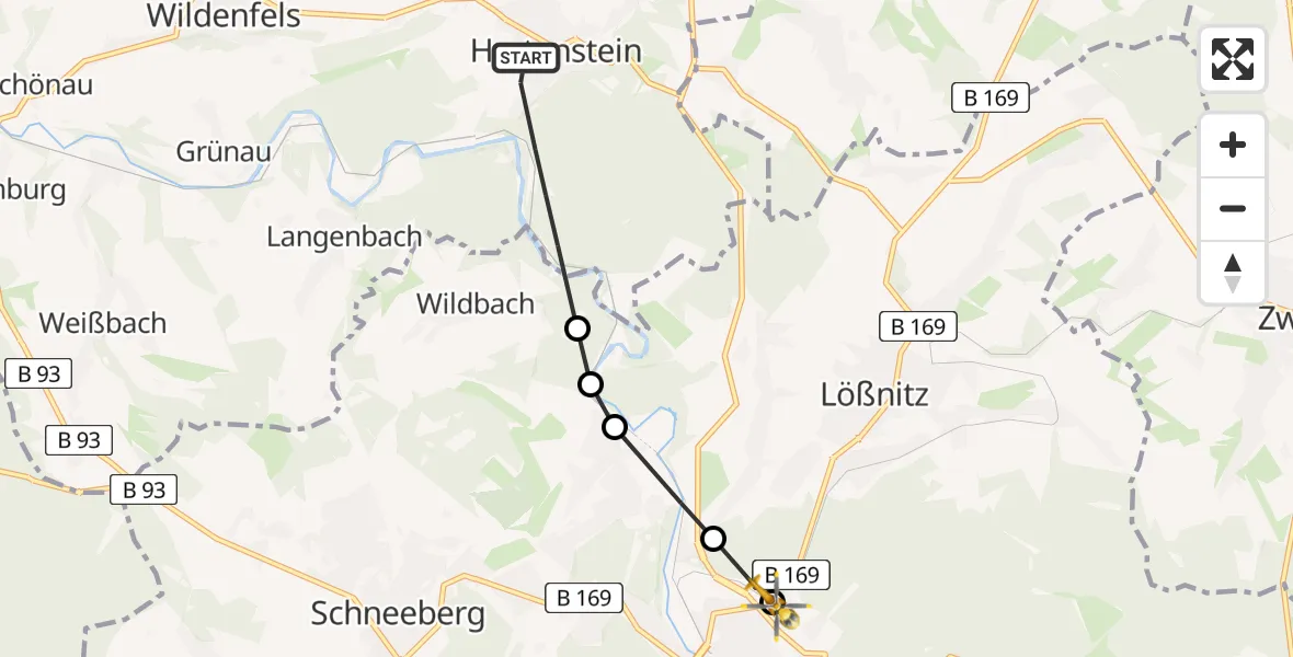 Flugroute Rettungshubschrauber Hartenstein - Helios Clinic Aue Heliport, 16 Februar 2026, 14:08
