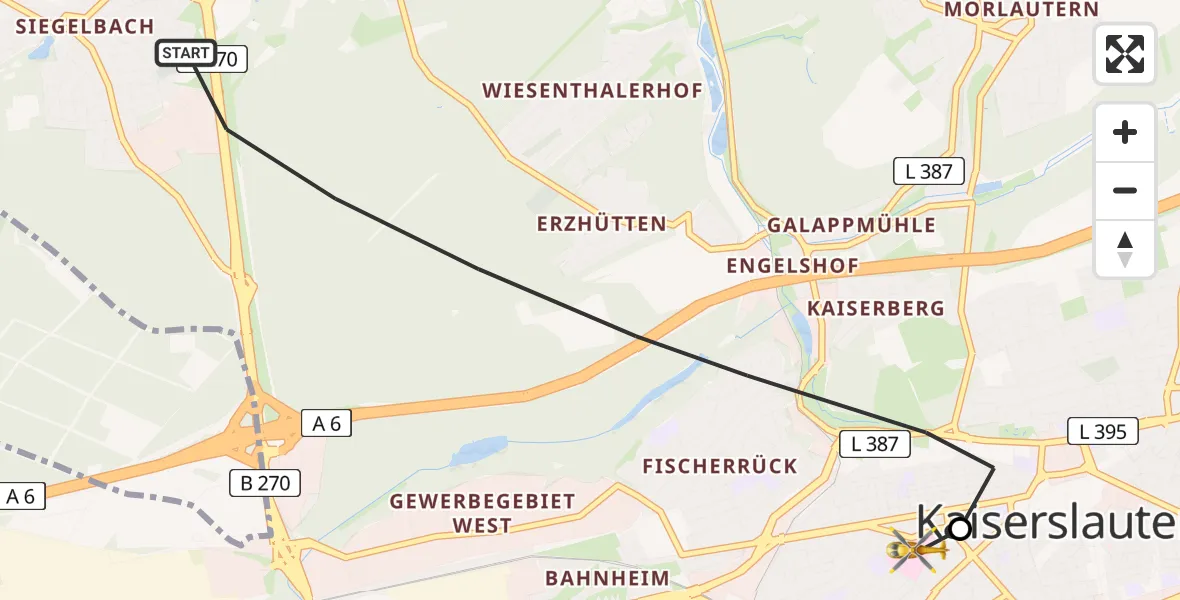 Flugroute Rettungshubschrauber Kaiserslautern - Westpfalz Hospital Kaiserslautern Heliport, 16 Februar 2026, 14:09
