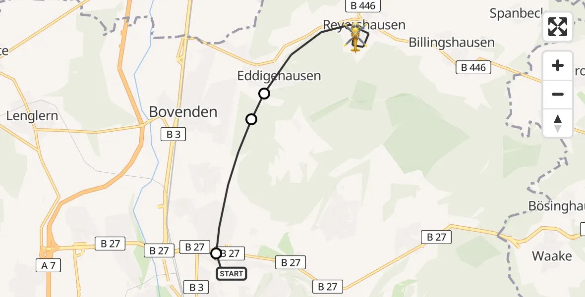 Flugroute Rettungshubschrauber Göttingen University Clinic Heliport - Bovenden, 16 Februar 2026, 14:13