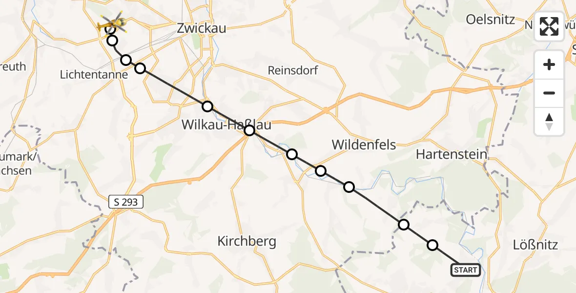 Flugroute Rettungshubschrauber Aue-Bad Schlema - ADAC Air Rescue Station Zwickau Heliport, 16 Februar 2026, 14:30