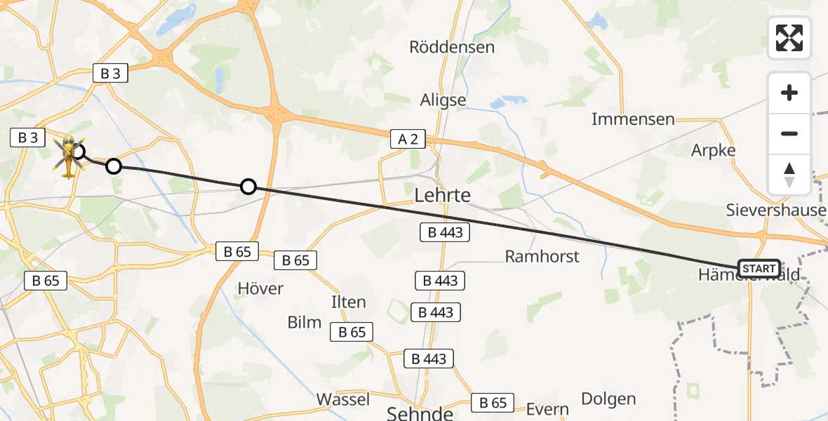 Flugroute Ambulanzhubschrauber Lehrte - Hannover Air Rescue Heliport (Christoph 4), 16 Februar 2026, 14:31