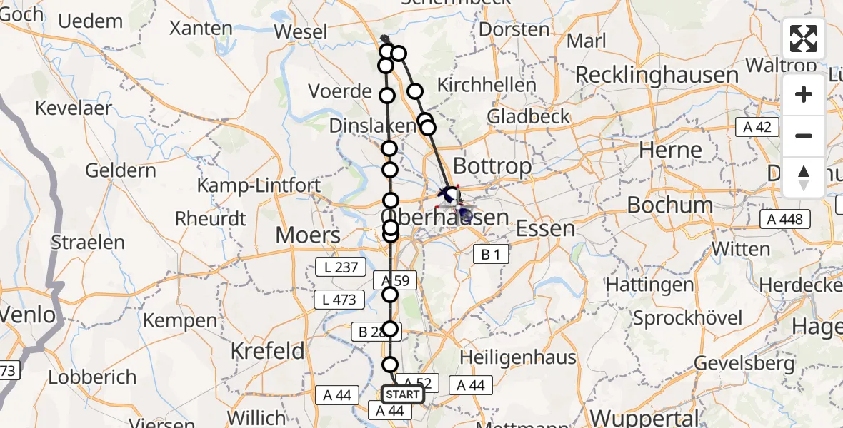 Flugroute Polizeihubschrauber Düsseldorf Airport - Alt-Oberhausen, 16 Februar 2026, 14:37