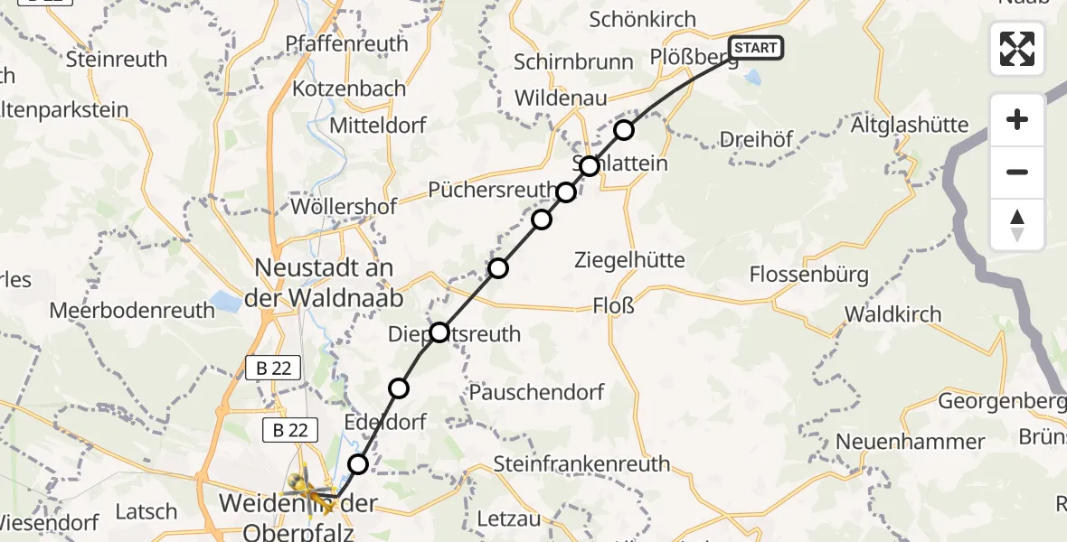 Flugroute Rettungshubschrauber Plößberg - Weiden Hospital Heliport, 16 Februar 2026, 14:38