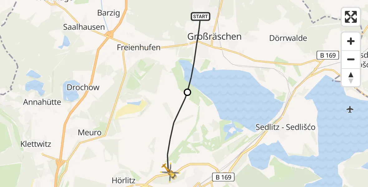 Flugroute Rettungshubschrauber Großräschen - ADAC Air Rescue Station Senftenberg Heliport, 16 Februar 2026, 14:47