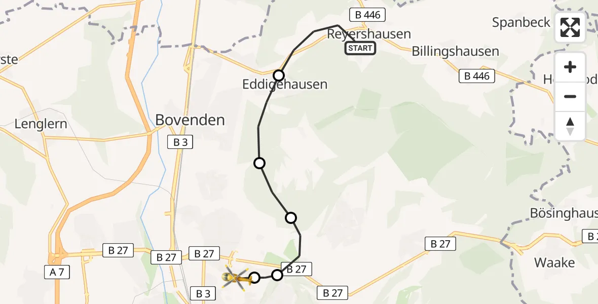 Flugroute Rettungshubschrauber Bovenden - Göttingen University Clinic Heliport, 16 Februar 2026, 14:47