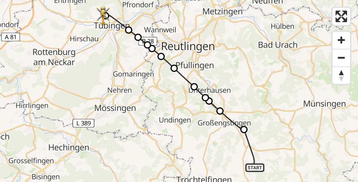 Flugroute Rettungshubschrauber Oberstetten - Tübingen Trauma Hospital Helipad, 16 Februar 2026, 14:50