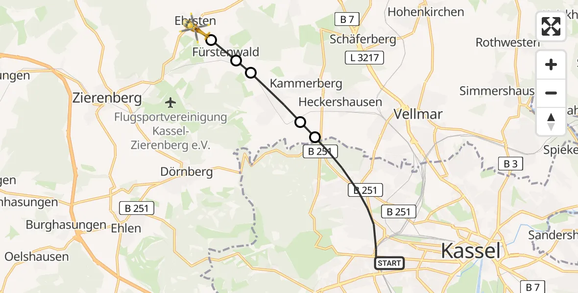 Flugroute Rettungshubschrauber Kassel - Ehrsten, 16 Februar 2026, 15:00