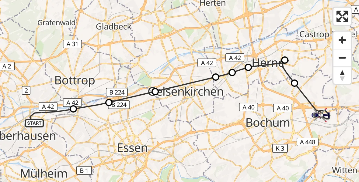 Flugroute Polizeihubschrauber Alt-Oberhausen - Bochum, 16 Februar 2026, 15:07