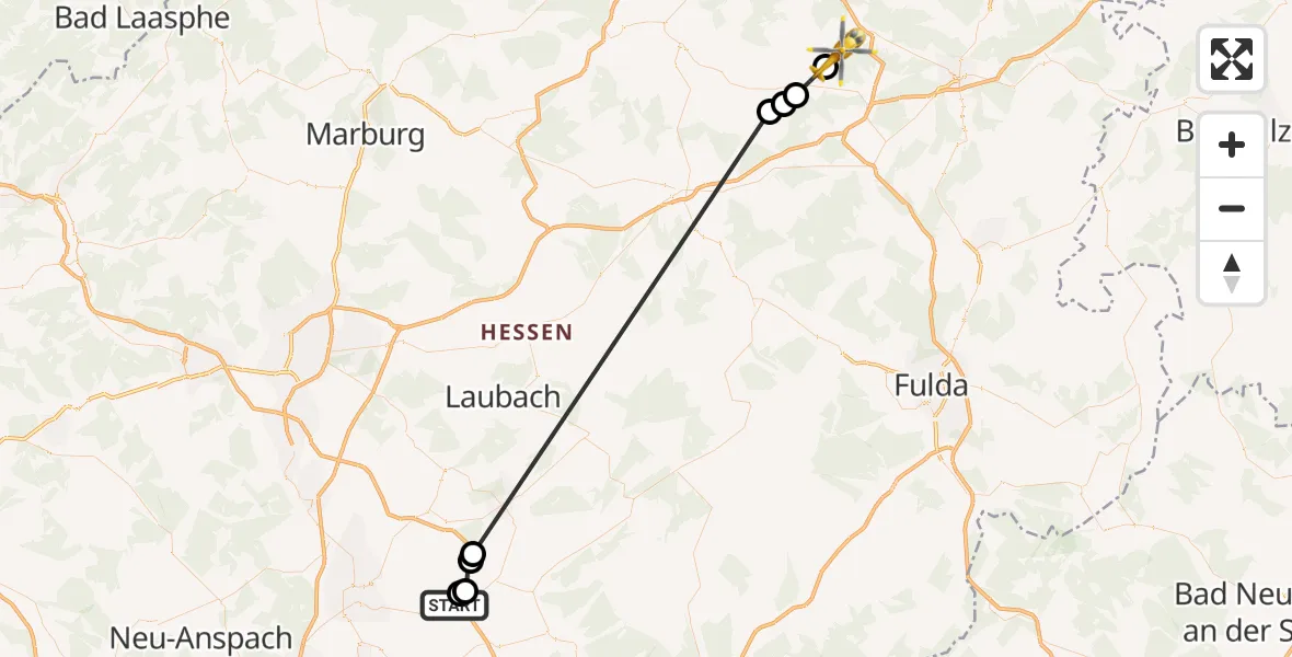 Flugroute Ambulanzhubschrauber Staden - Willingshain, 16 Februar 2026, 15:24