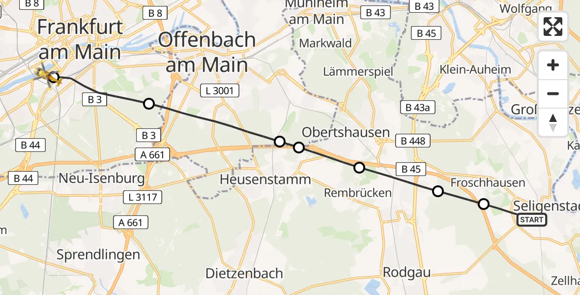 Routekaart van de vlucht: Rettungshubschrauber nach Frankfurt University Hospital Heliport