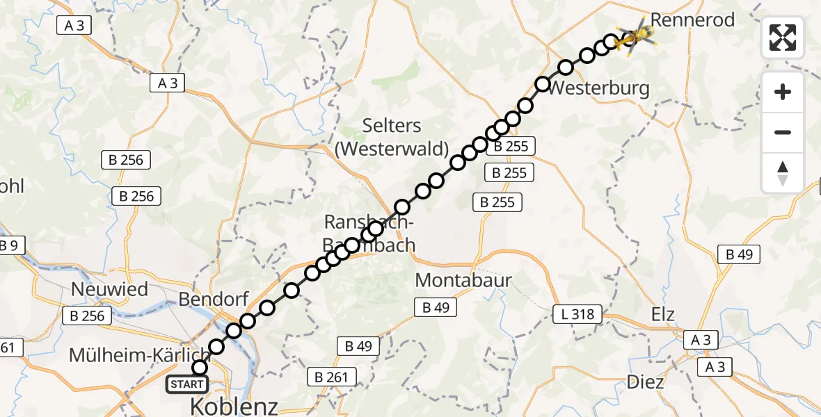Flugroute Rettungshubschrauber Koblenz - Pottum, 16 Februar 2026, 15:40