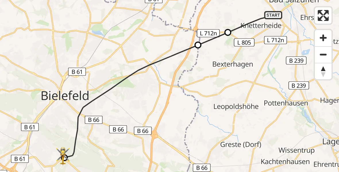 Flugroute Rettungshubschrauber Knetterheide - Luftrettungszentrum Bielefeld, 16 Februar 2026, 15:48