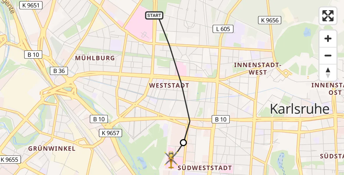 Flugroute Rettungshubschrauber Karlsruhe - Sankt Vincentius Hospital Heliport, 16 Februar 2026, 15:58