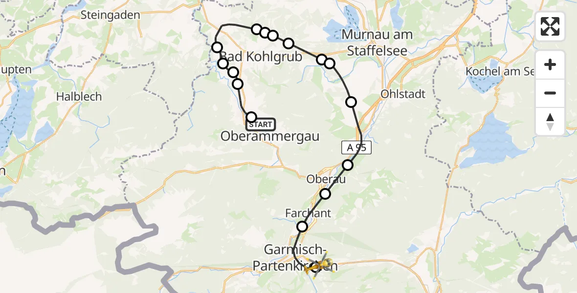 Flugroute Rettungshubschrauber Oberammergau - Garmisch-Partenkirchen Clinic Heliport, 16 Februar 2026, 15:59