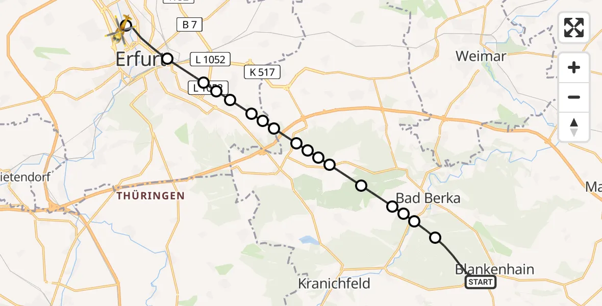 Flugroute Ambulanzhubschrauber Schwarza - Helios Clinic Erfurt Heliport, 16 Februar 2026, 16:06