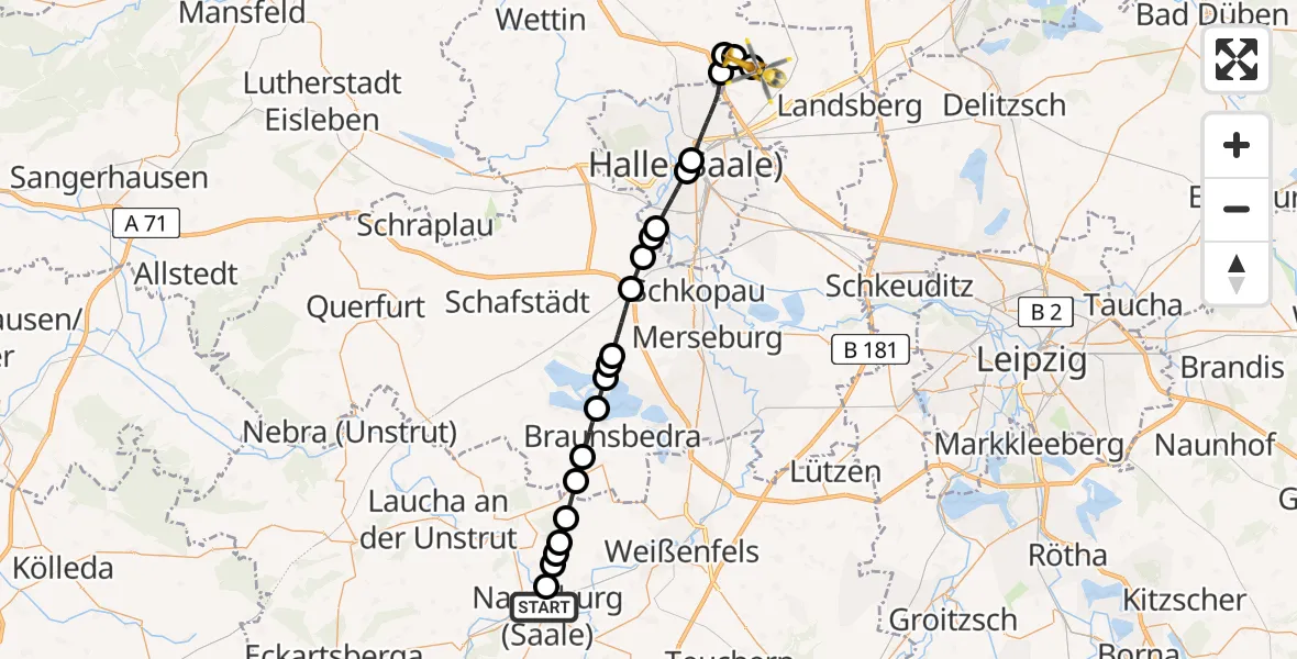 Flugroute Rettungshubschrauber Naumburg (Saale) - Halle-Oppin Airfield, 16 Februar 2026, 16:16