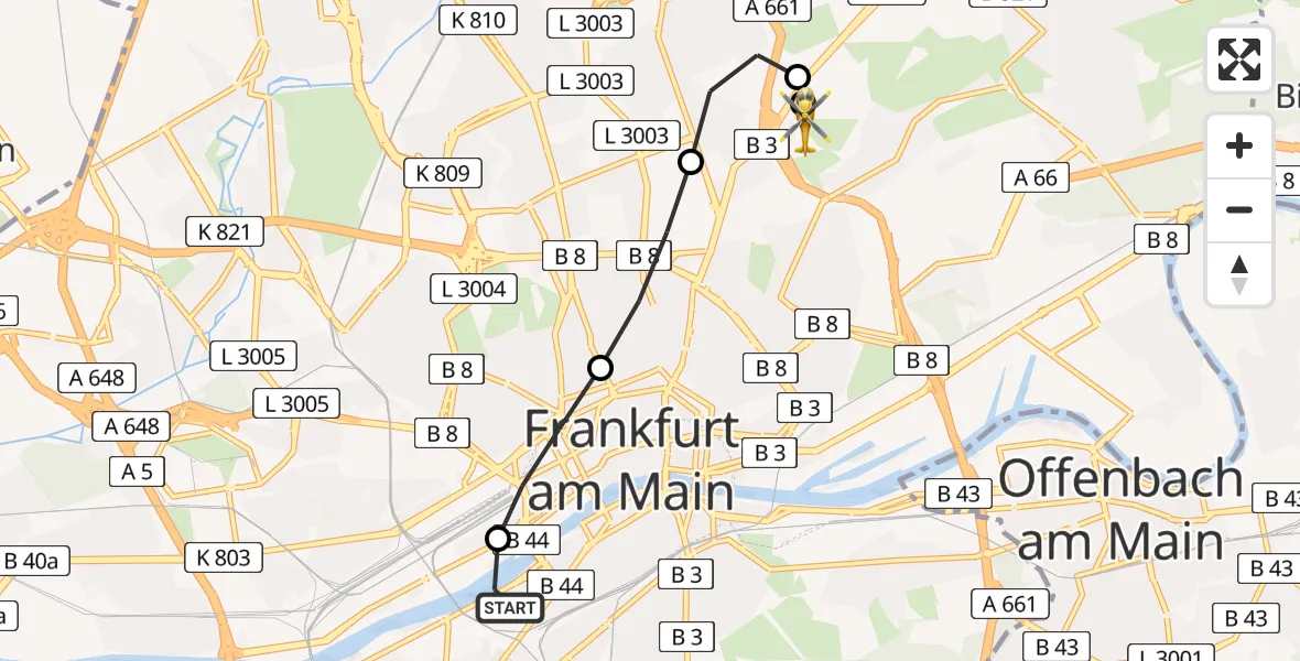 Flugroute Rettungshubschrauber Frankfurt University Hospital Heliport - Frankfurt am Main Accident Hospital Roof Helipad (CHX2), 16 Februar 2026, 16:25
