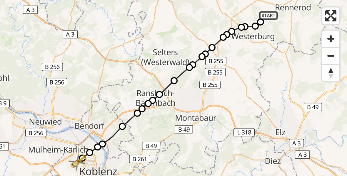Routekaart van de vlucht: Rettungshubschrauber nach Koblenz, Rübenacher Straße