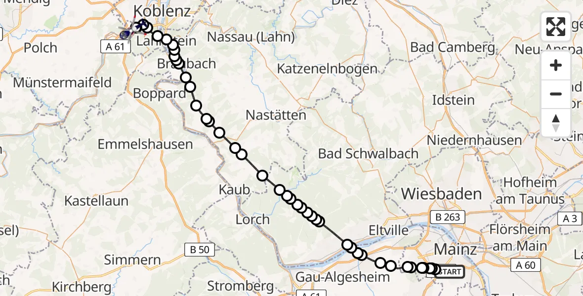 Flugroute Polizeihubschrauber Mainz - Koblenz-Winningen Airfield, 16 Februar 2026, 16:46