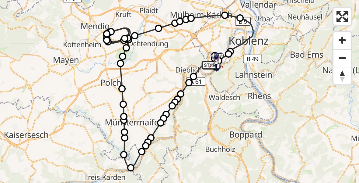 Routekaart van de vlucht: Polizeihubschrauber nach Koblenz-Winningen Airfield