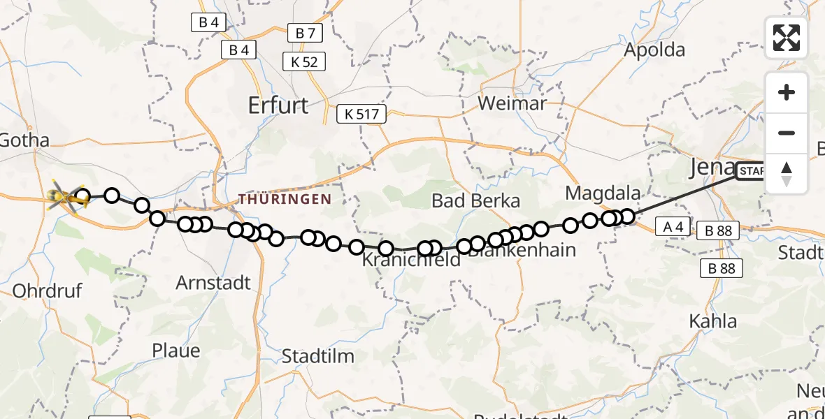 Flugroute Ambulanzhubschrauber Jena - Günthersleben, 16 Februar 2026, 18:08