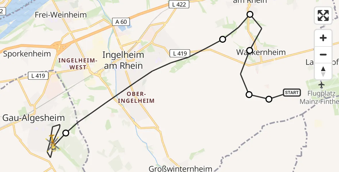 Flugroute Rettungshubschrauber Mainz-Finthen Airfield - Gau-Algesheim, 16 Februar 2026, 18:38