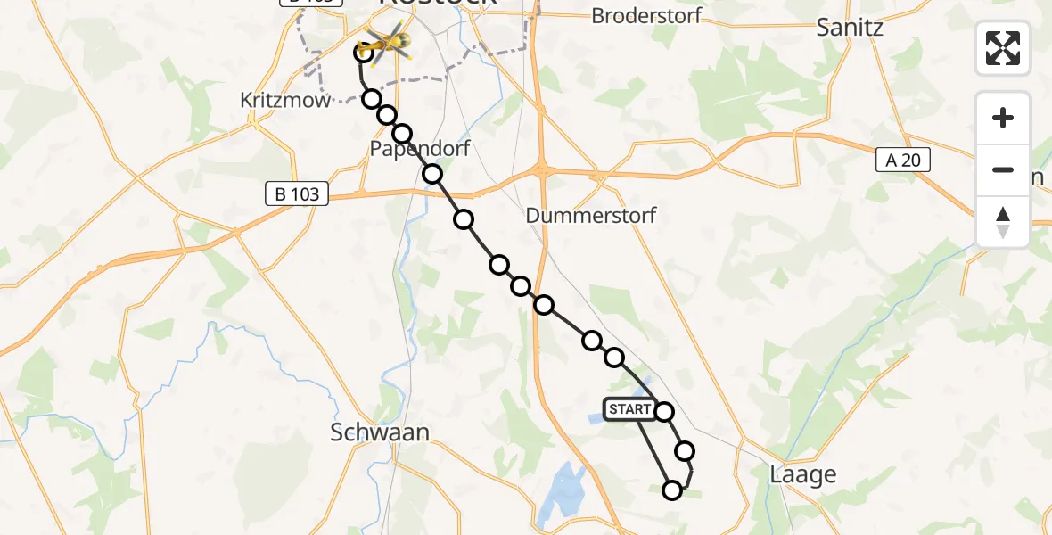 Flugroute Rettungshubschrauber Dolgen am See - Ortsbeirat 12 : Südstadt, 16 Februar 2026, 19:29