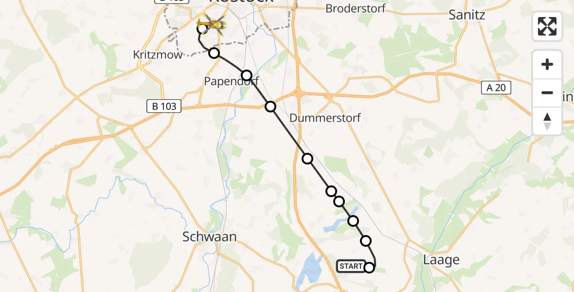 Flugroute Rettungshubschrauber Striesdorf - Ortsbeirat 12 : Südstadt, 16 Februar 2026, 20:34