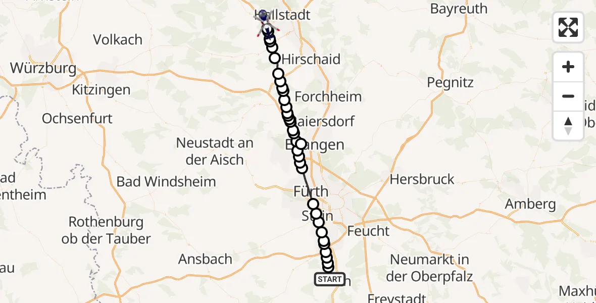 Flugroute Polizeihubschrauber Büchenbach - Weipelsdorf, 16 Februar 2026, 21:29