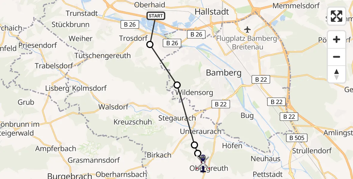 Routekaart van de vlucht: Polizeihubschrauber nach Obergreuth