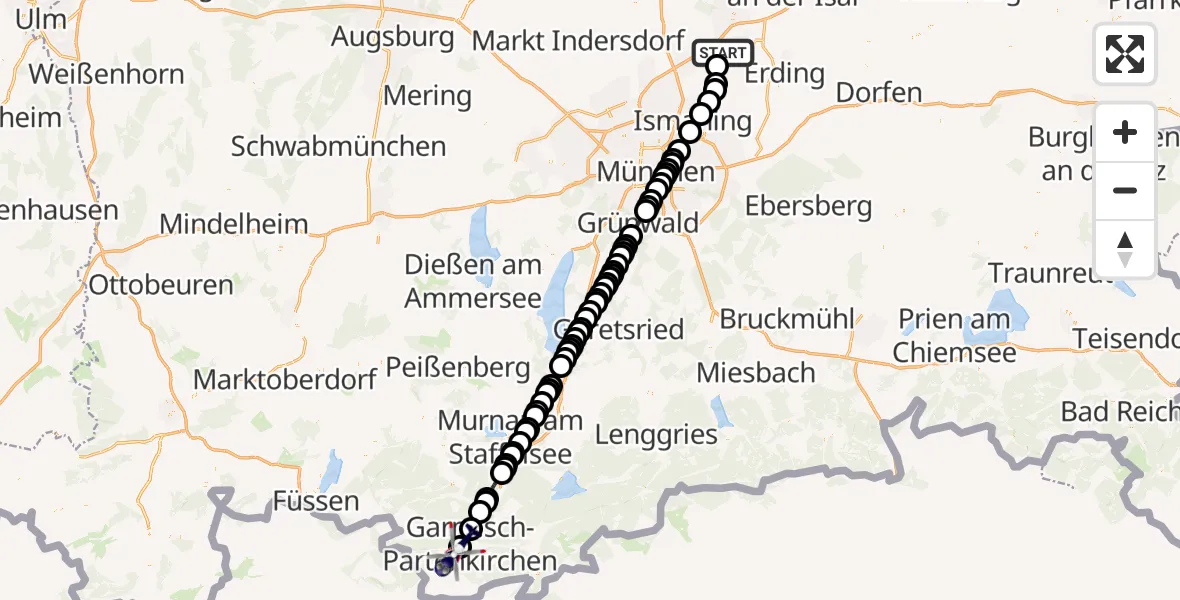 Flugroute Polizeihubschrauber Hallbergmoos - Sheridan Barracks Landing Area, 17 Februar 2026, 01:30