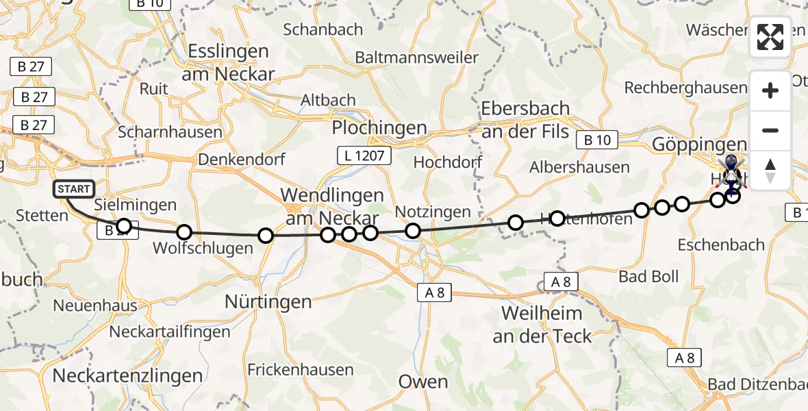Flugroute Polizeihubschrauber Stuttgart Airport - Holzheim, 17 Februar 2026, 05:40