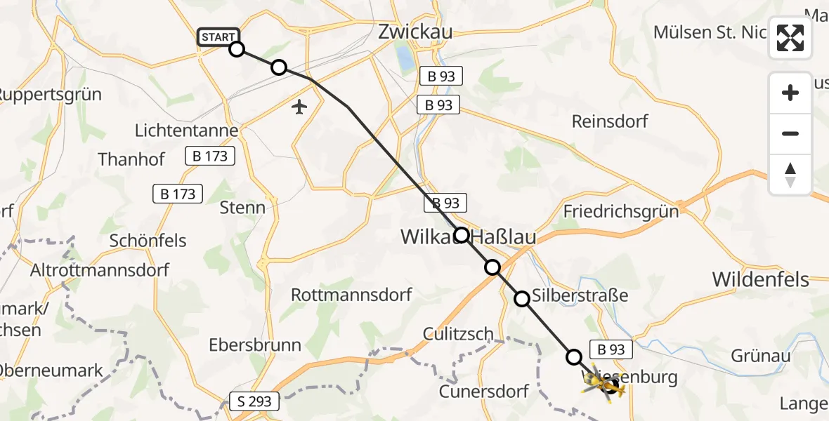 Flugroute Rettungshubschrauber ADAC Air Rescue Station Zwickau Heliport - Wildenfels, 17 Februar 2026, 06:20