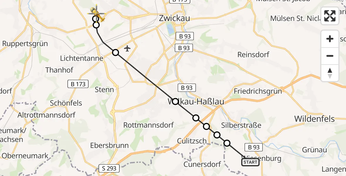 Flugroute Rettungshubschrauber Wildenfels - ADAC Air Rescue Station Zwickau Heliport, 17 Februar 2026, 06:51