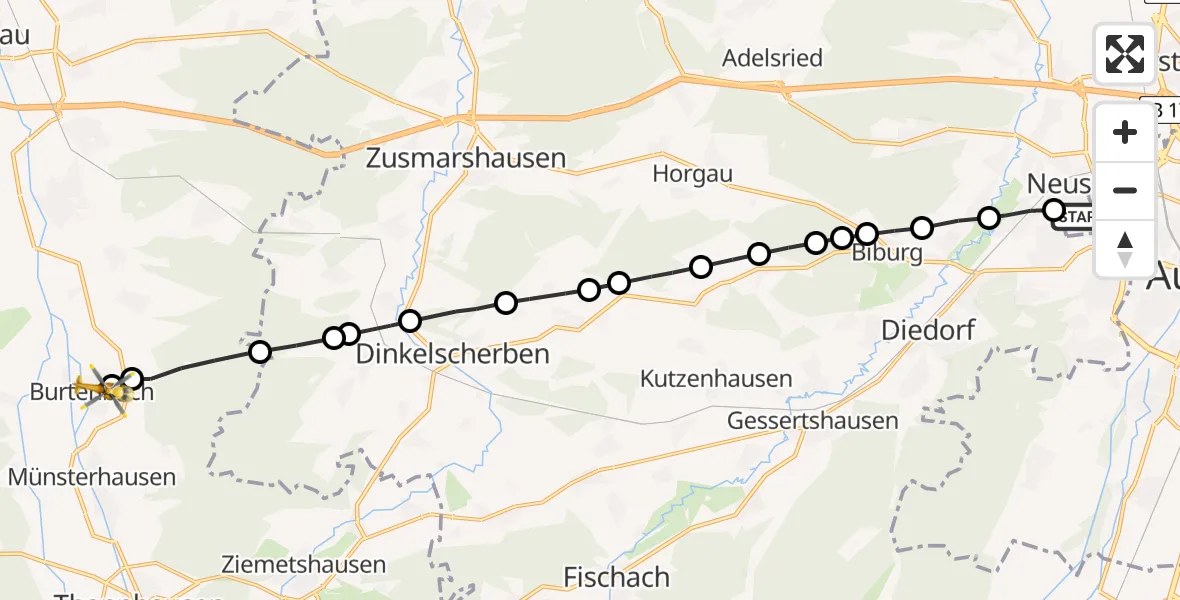 Routekaart van de vlucht: Rettungshubschrauber nach Burtenbach, Sebastian-Kneipp-Straße